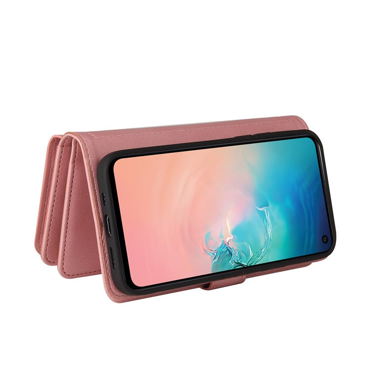 KT Multi-functional Series-2 Multiple Card Slots Folio Flip Phone Case for Samsung Galaxy S10e with Zipper Pocket and Stand - Pink