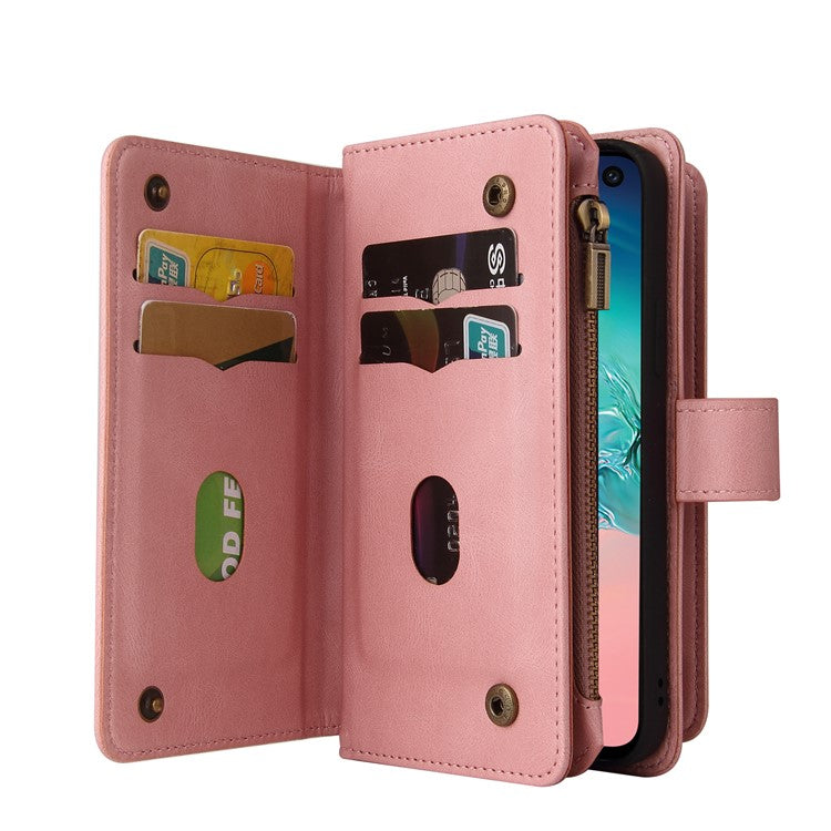 KT Multi-functional Series-2 Multiple Card Slots Folio Flip Phone Case for Samsung Galaxy S10e with Zipper Pocket and Stand - Pink