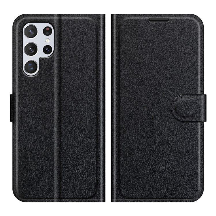 Non-slip Grip Litchi Texture Magnetic Closure PU Leather Stand Case Wallet Phone Cover for Samsung Galaxy S22 Ultra 5G - Black