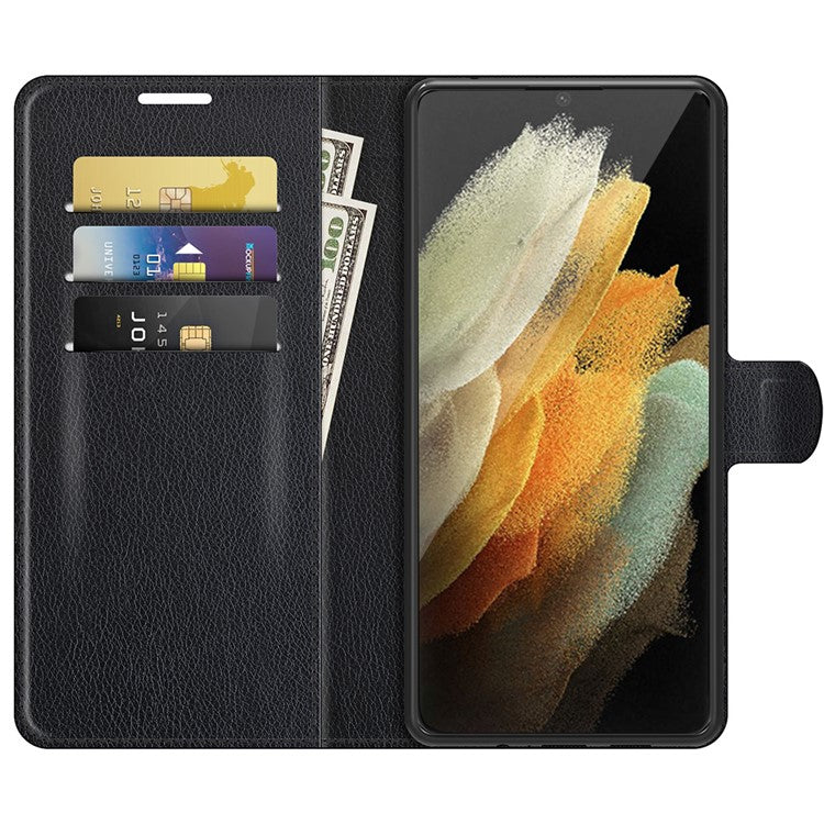 Non-slip Grip Litchi Texture Magnetic Closure PU Leather Stand Case Wallet Phone Cover for Samsung Galaxy S22 Ultra 5G - Black