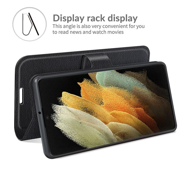 Non-slip Grip Litchi Texture Magnetic Closure PU Leather Stand Case Wallet Phone Cover for Samsung Galaxy S22 Ultra 5G - Black