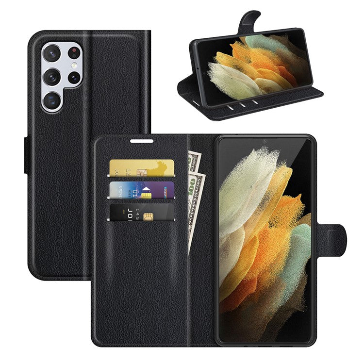 Non-slip Grip Litchi Texture Magnetic Closure PU Leather Stand Case Wallet Phone Cover for Samsung Galaxy S22 Ultra 5G - Black