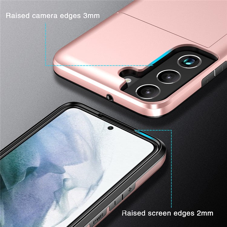 For Samsung Galaxy S22 5G Slide Card Holder Anti-drop Smartphone Case Light Slim Stylish PC + TPU Hybrid Phone Cover - Black