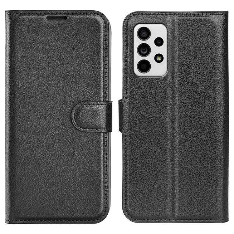 For Samsung Galaxy A33 5G Litchi Texture PU Leather Flip Stand Case Wallet Style Magnetic Clasp Protective Phone Cover - Black