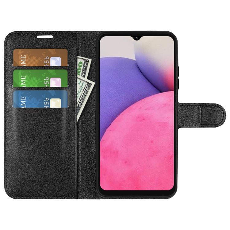 For Samsung Galaxy A33 5G Litchi Texture PU Leather Flip Stand Case Wallet Style Magnetic Clasp Protective Phone Cover - Black