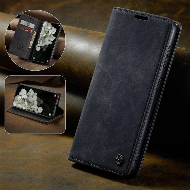 CASEME 013 Series for Samsung Galaxy S22 5G PU Leather Wallet Phone Case Stand Magnetic Absorption Card Holder Cover - Black