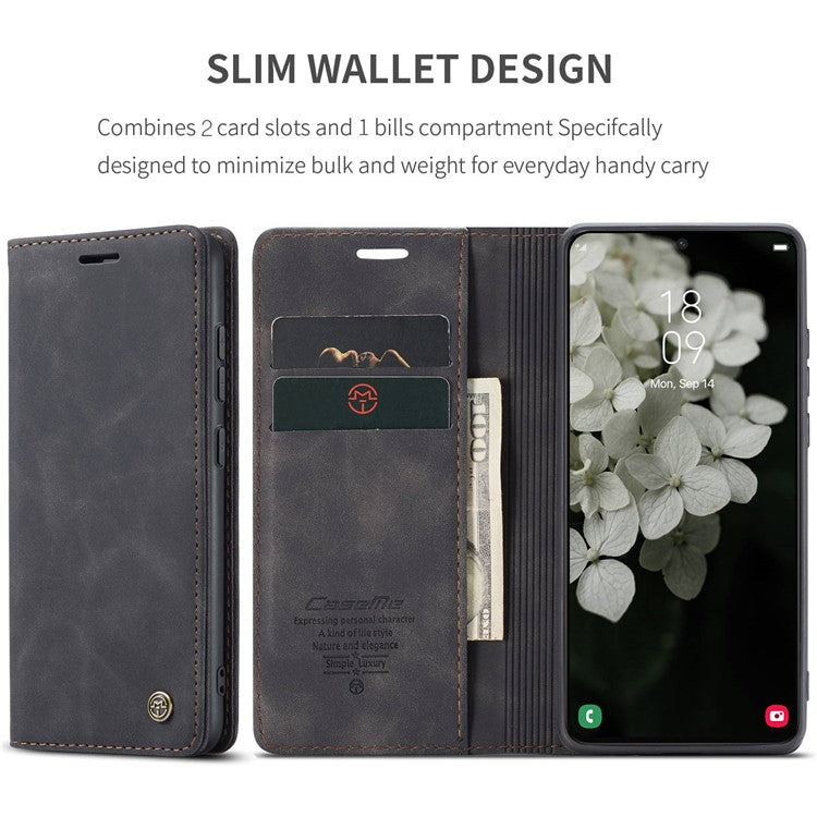 CASEME 013 Series for Samsung Galaxy S22 5G PU Leather Wallet Phone Case Stand Magnetic Absorption Card Holder Cover - Black