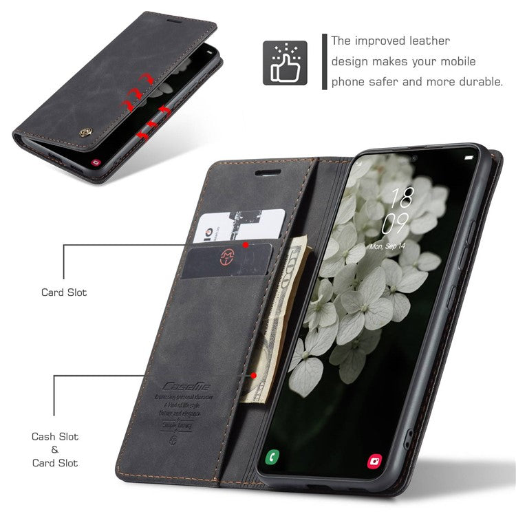 CASEME 013 Series for Samsung Galaxy S22 5G PU Leather Wallet Phone Case Stand Magnetic Absorption Card Holder Cover - Black