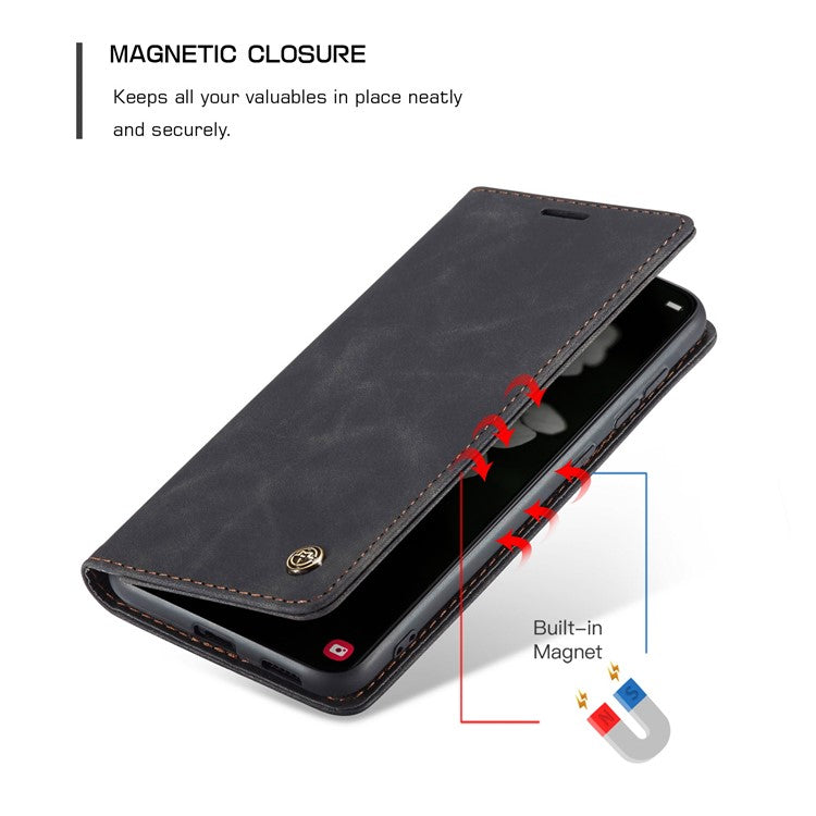 CASEME 013 Series for Samsung Galaxy S22 5G PU Leather Wallet Phone Case Stand Magnetic Absorption Card Holder Cover - Black