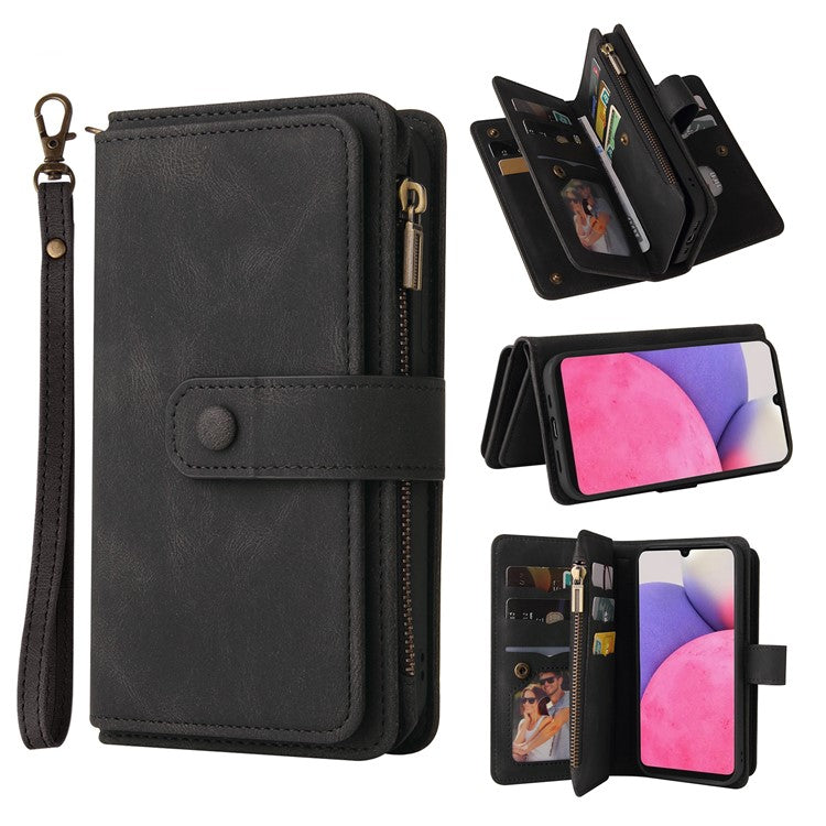 For Samsung Galaxy A53 5G Skin-touch Feeling KT Multi-functional Series-2 Multiple Card Slots PU Leather Zippered Pocket Phone Case Wallet Stand Cover - Black