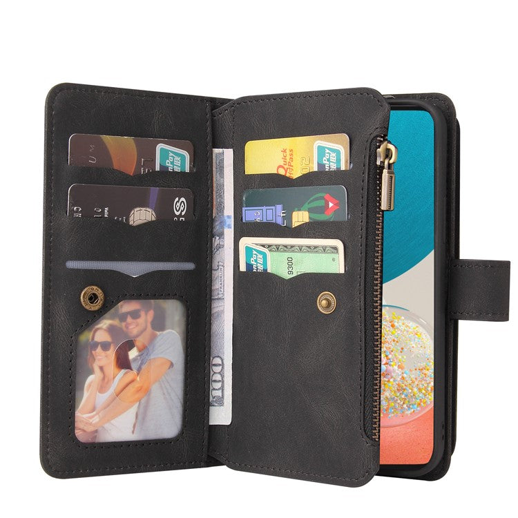 For Samsung Galaxy A53 5G Skin-touch Feeling KT Multi-functional Series-2 Multiple Card Slots PU Leather Zippered Pocket Phone Case Wallet Stand Cover - Black