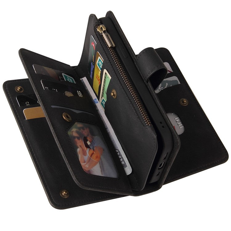 For Samsung Galaxy A53 5G Skin-touch Feeling KT Multi-functional Series-2 Multiple Card Slots PU Leather Zippered Pocket Phone Case Wallet Stand Cover - Black