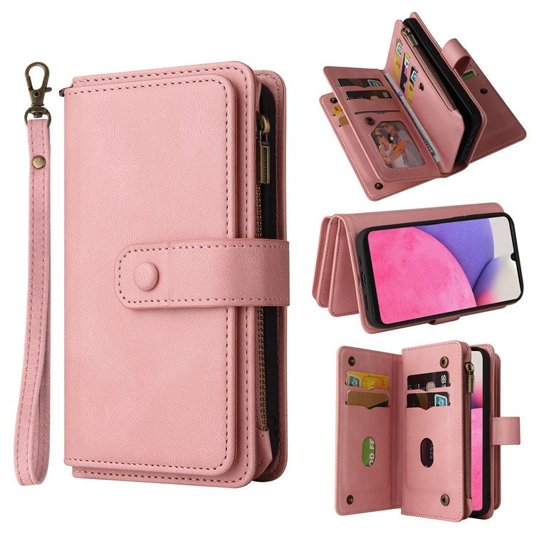 For Samsung Galaxy A13 4G Shockproof KT Multi-functional Series-2 Multiple Card Slots Skin-touch Feeling Wallet Design PU Leather Well-protected Zipper Phone Case with Stand - Pink