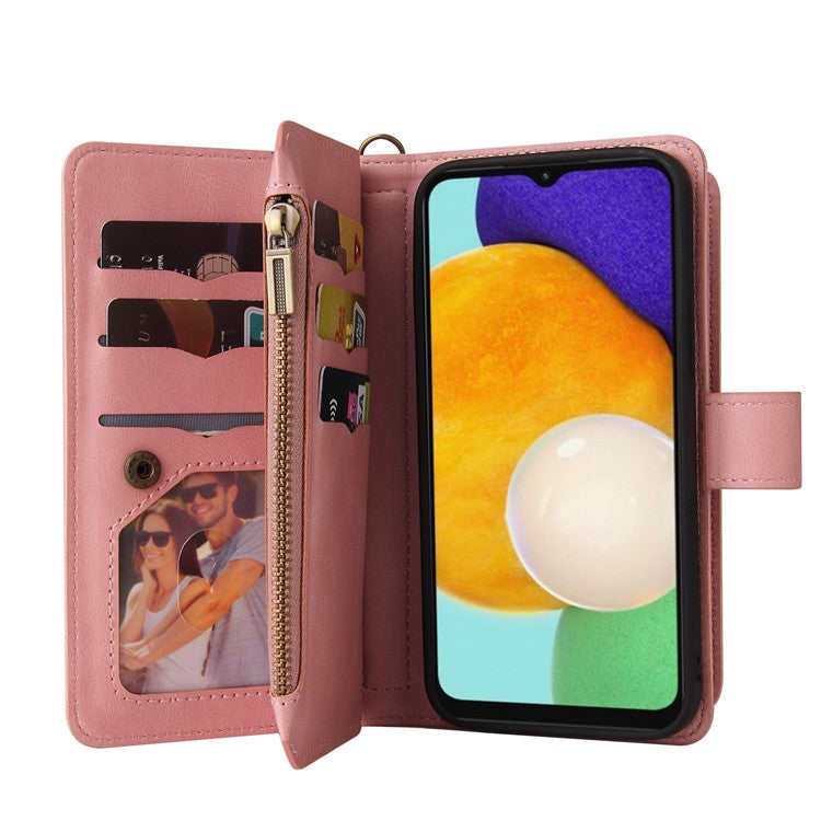 For Samsung Galaxy A13 4G Shockproof KT Multi-functional Series-2 Multiple Card Slots Skin-touch Feeling Wallet Design PU Leather Well-protected Zipper Phone Case with Stand - Pink