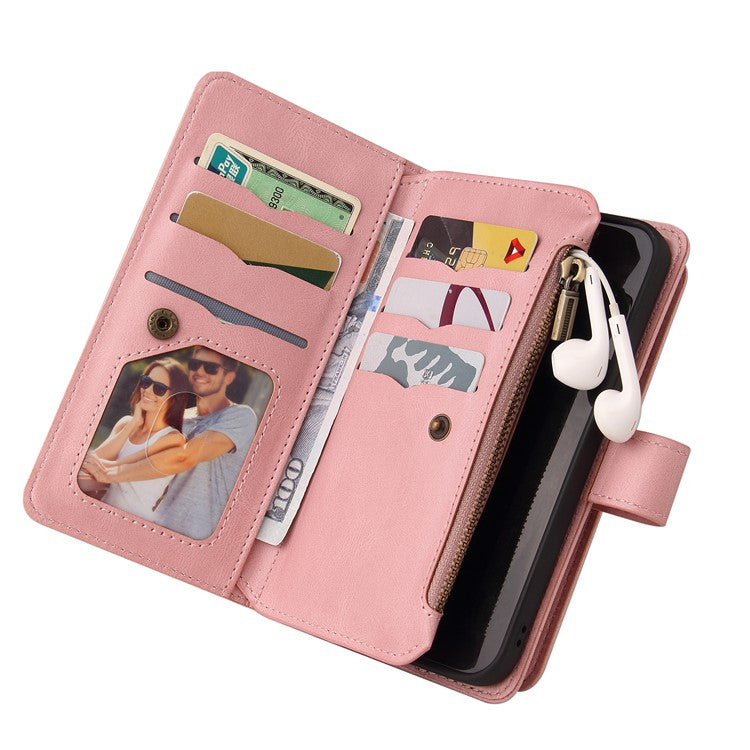 For Samsung Galaxy A13 4G Shockproof KT Multi-functional Series-2 Multiple Card Slots Skin-touch Feeling Wallet Design PU Leather Well-protected Zipper Phone Case with Stand - Pink