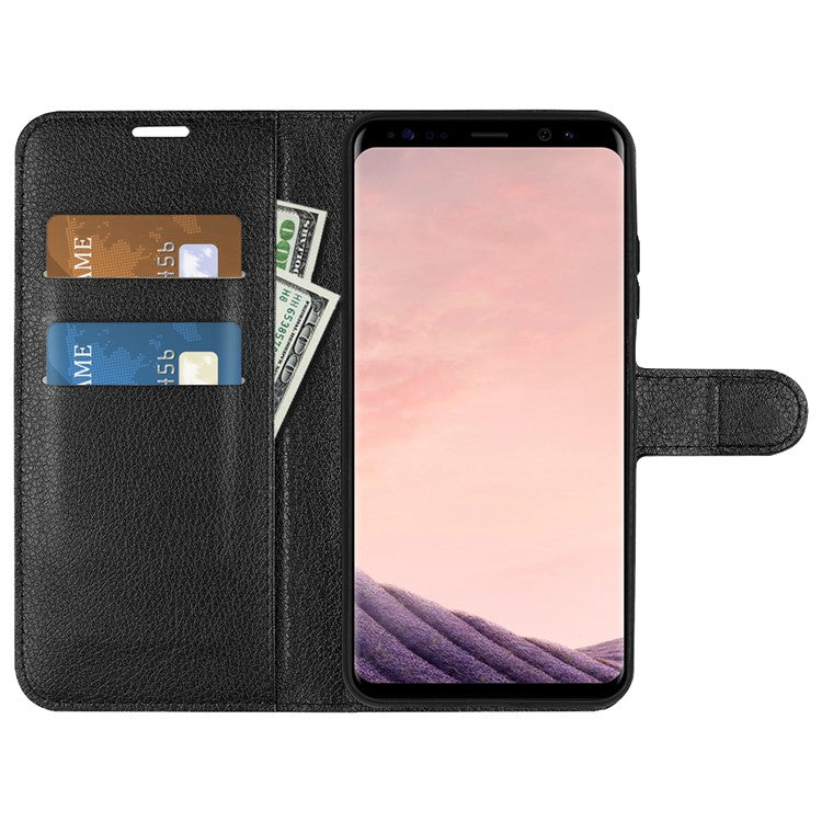 For Samsung Galaxy S8 Litchi Skin Leather Stand Case with Folio Flip Wallet Stand Design - Black