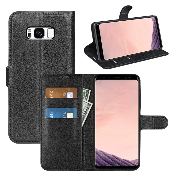 For Samsung Galaxy S8 Litchi Skin Leather Stand Case with Folio Flip Wallet Stand Design - Black