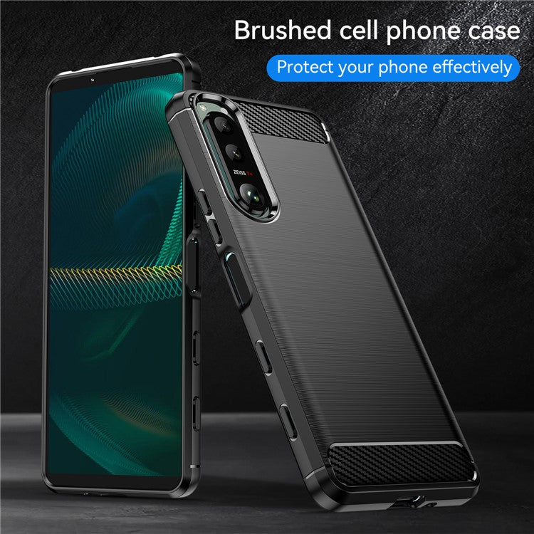 1.8mm Brushed Surface TPU Case Carbon Fiber Texture Phone Back Protector Cover for Sony Xperia 5 III 5G - Black