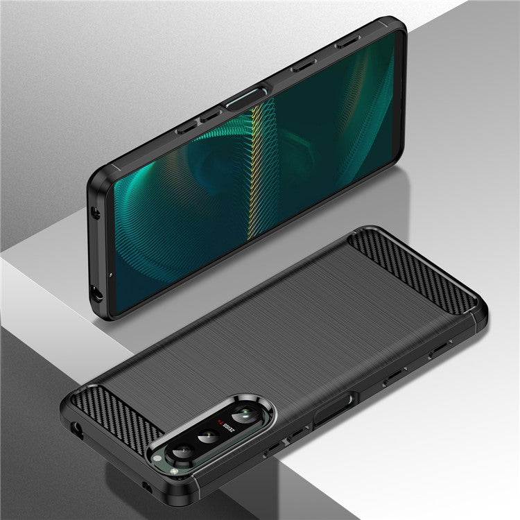 1.8mm Brushed Surface TPU Case Carbon Fiber Texture Phone Back Protector Cover for Sony Xperia 5 III 5G - Black