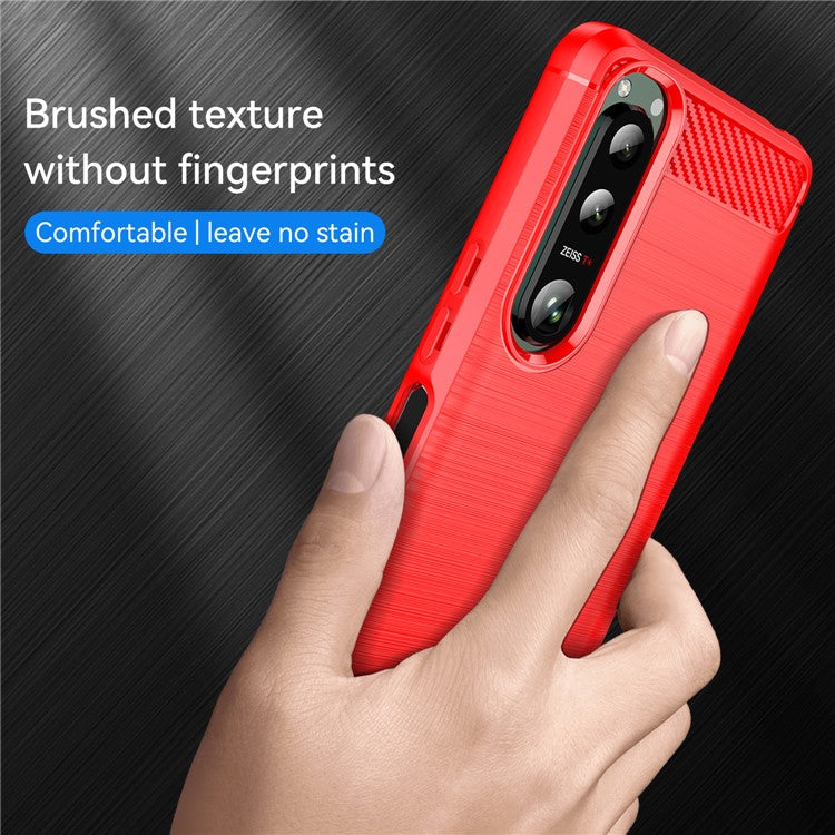 1.8mm Brushed Surface TPU Case Carbon Fiber Texture Phone Back Protector Cover for Sony Xperia 5 III 5G - Red