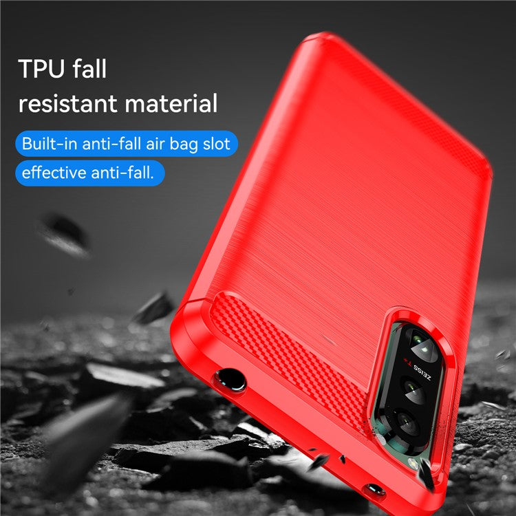 1.8mm Brushed Surface TPU Case Carbon Fiber Texture Phone Back Protector Cover for Sony Xperia 5 III 5G - Red