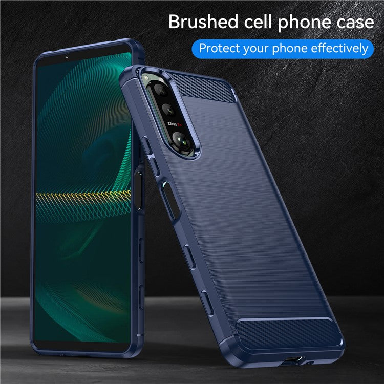 1.8mm Brushed Surface TPU Case Carbon Fiber Texture Phone Back Protector Cover for Sony Xperia 5 III 5G - Blue