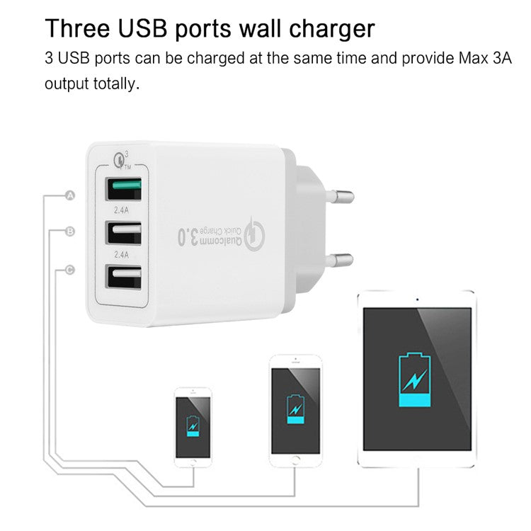 3 Ports Quick Charger QC 3.0 30W USB Charger Travel Adapter for iPhone Samsung Huawei - EU Plug