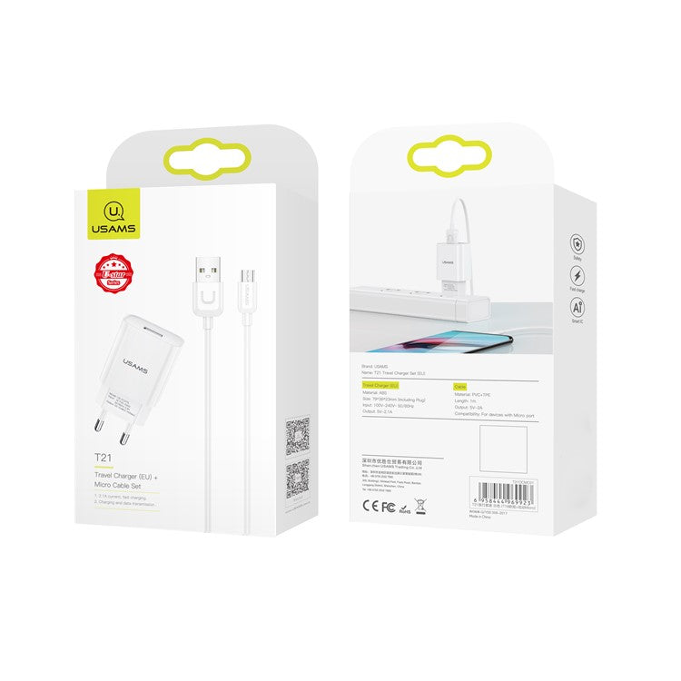 USAMS T21 Travel Charger Set 2.1A Wall Phone Charger and Micro USB Cable (EU Plug)