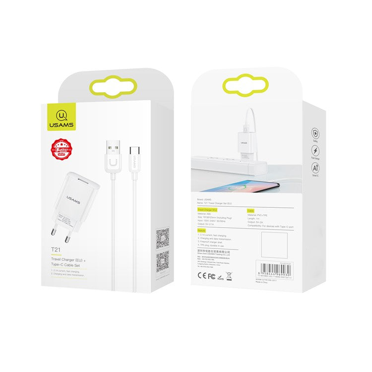 USAMS T21 2.1A High-Current Time-Saving Charging Wall Phone Charger and Type-C Cable (EU Plug)