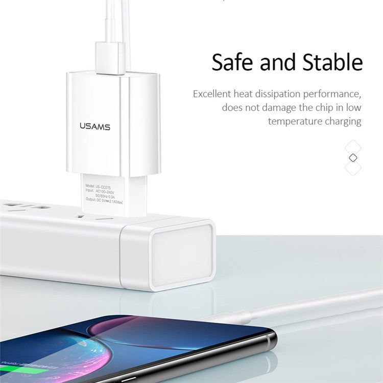 USAMS T21 Travel Charger Set 2.1A Fast Charging Wall Phone Charger and Lightning 8 Pin Cable (EU Plug)