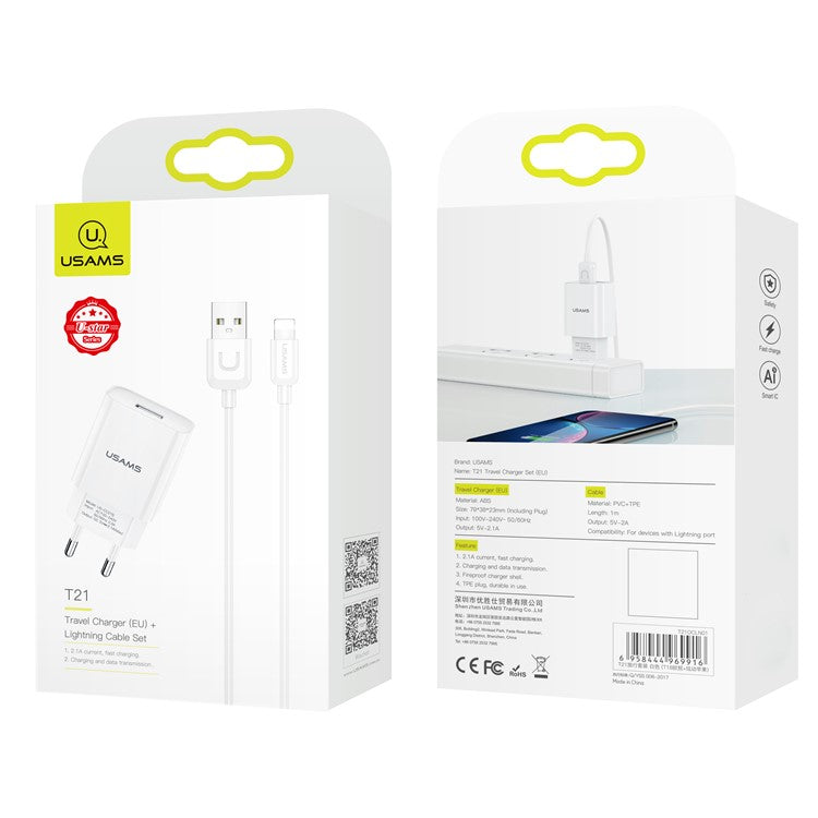 USAMS T21 Travel Charger Set 2.1A Fast Charging Wall Phone Charger and Lightning 8 Pin Cable (EU Plug)