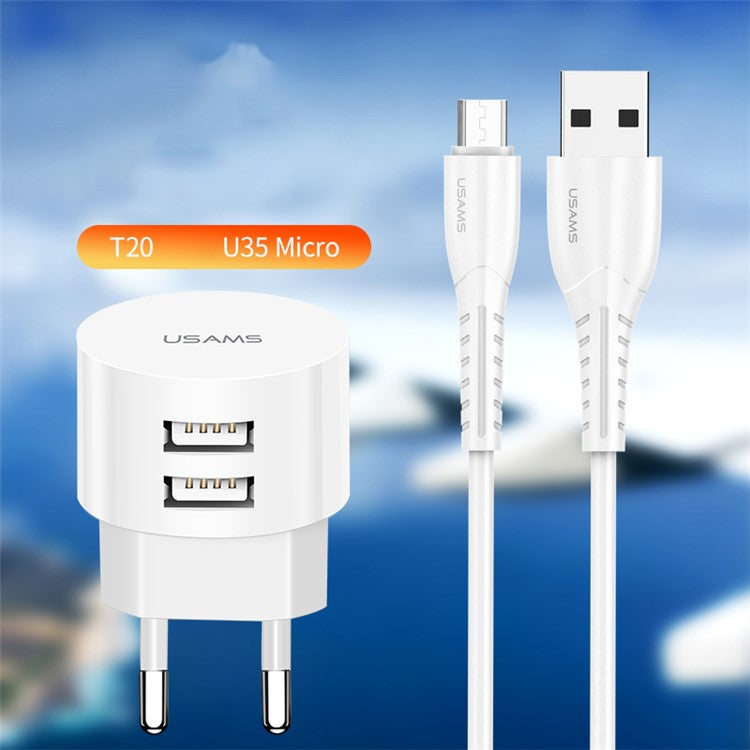 USAMS USAMS-XT T20 Dual USB Ports Round Travel Charger + U35 Data Sync Micro Charging Cable Set - EU Plug