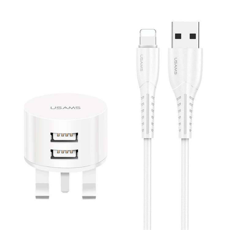 USAMS Dual Ports USB Round Travel Charger + Lightning 8 Pin Data Sync Charging Cable for iPhone - UK Plug