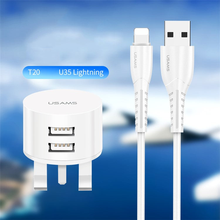 USAMS Dual Ports USB Round Travel Charger + Lightning 8 Pin Data Sync Charging Cable for iPhone - UK Plug