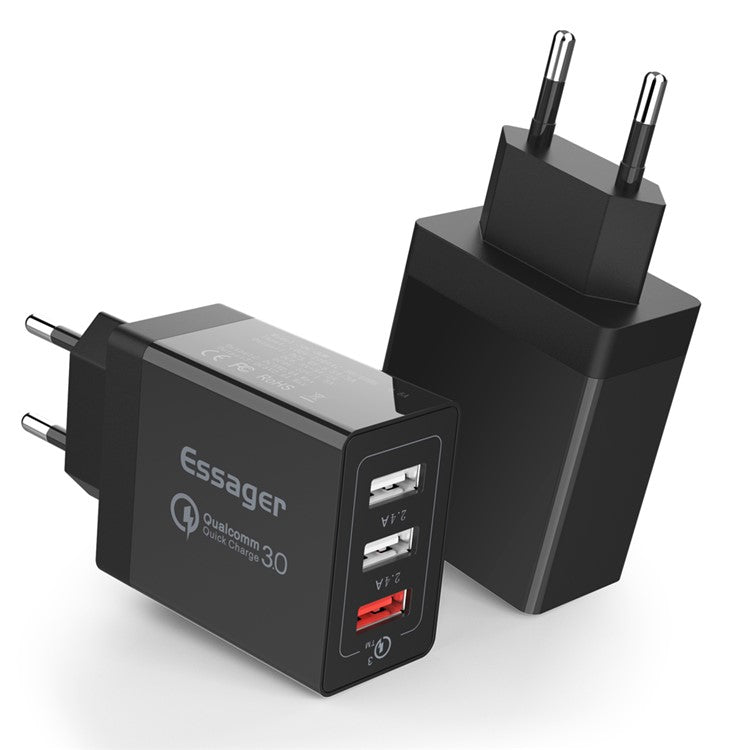 ESSAGER QC3.0 + Dual 2.4A USB 30W Travel Charger Wall Charger - Black/EU Plug