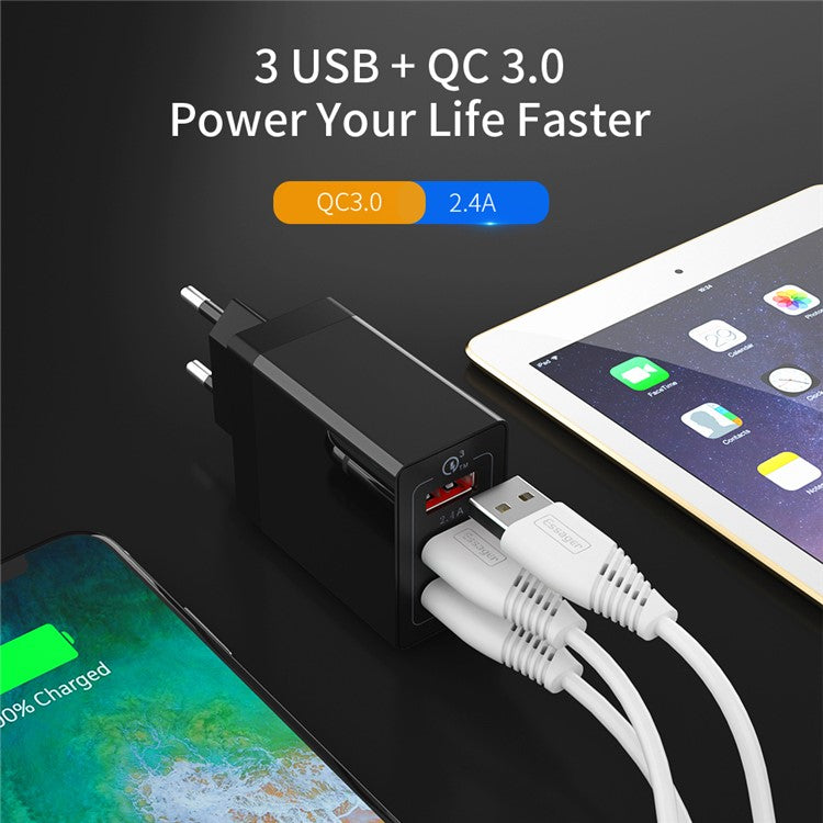 ESSAGER QC3.0 + Dual 2.4A USB 30W Travel Charger Wall Charger - Black/EU Plug