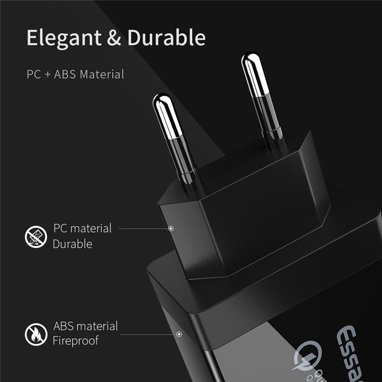 ESSAGER QC3.0 + Dual 2.4A USB 30W Travel Charger Wall Charger - Black/EU Plug