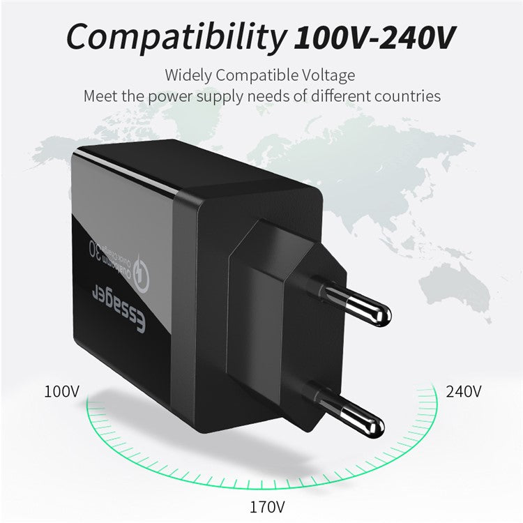 ESSAGER QC3.0 + Dual 2.4A USB 30W Travel Charger Wall Charger - Black/EU Plug