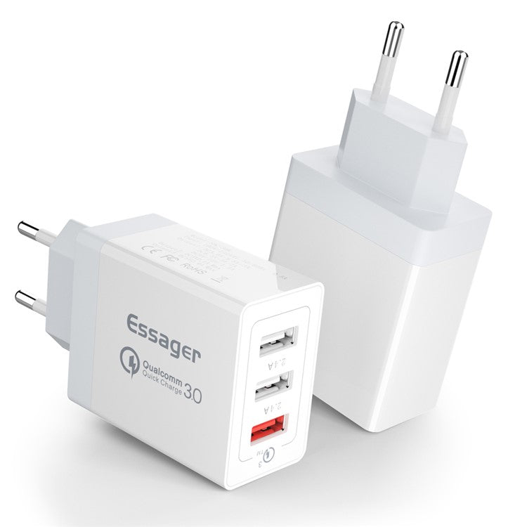 ESSAGER QC3.0 + Dual 2.4A USB 30W Travel Charger Wall Charger - White/EU Plug