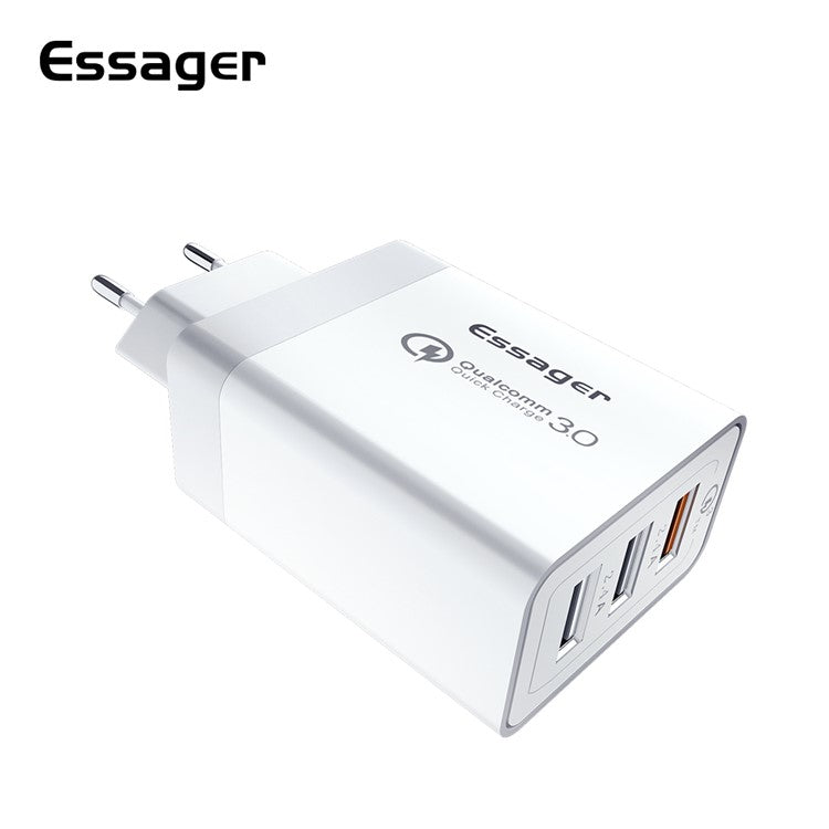 ESSAGER QC3.0 + Dual 2.4A USB 30W Travel Charger Wall Charger - White/EU Plug