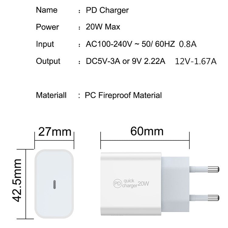 PD 20W Fast Charging USB C Charger Block EU Plug Power Adapter for iPhone 13 / 14 Series