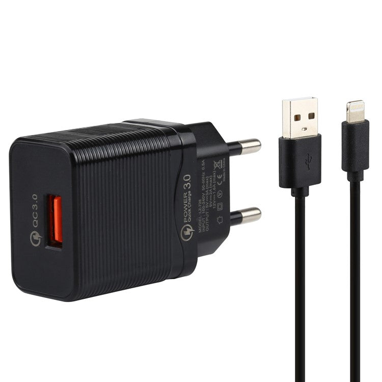 LZ-728 2 in 1 QC 3.0 18W [EU Plug] Travel Charger + USB to Lightning 8 Pin Data Cable, 1m - Black