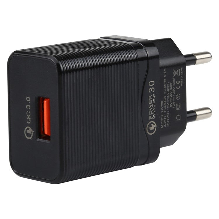 LZ-728 2 in 1 QC 3.0 18W [EU Plug] Travel Charger + USB to Lightning 8 Pin Data Cable, 1m - Black