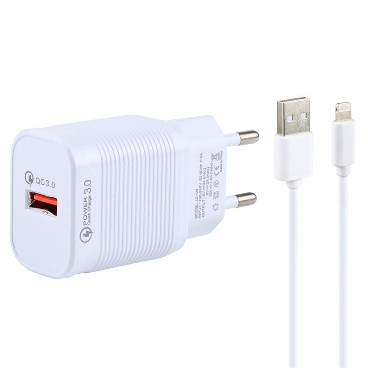 LZ-728 2 in 1 QC 3.0 18W [EU Plug] Travel Charger + USB to Lightning 8 Pin Data Cable, 1m - White