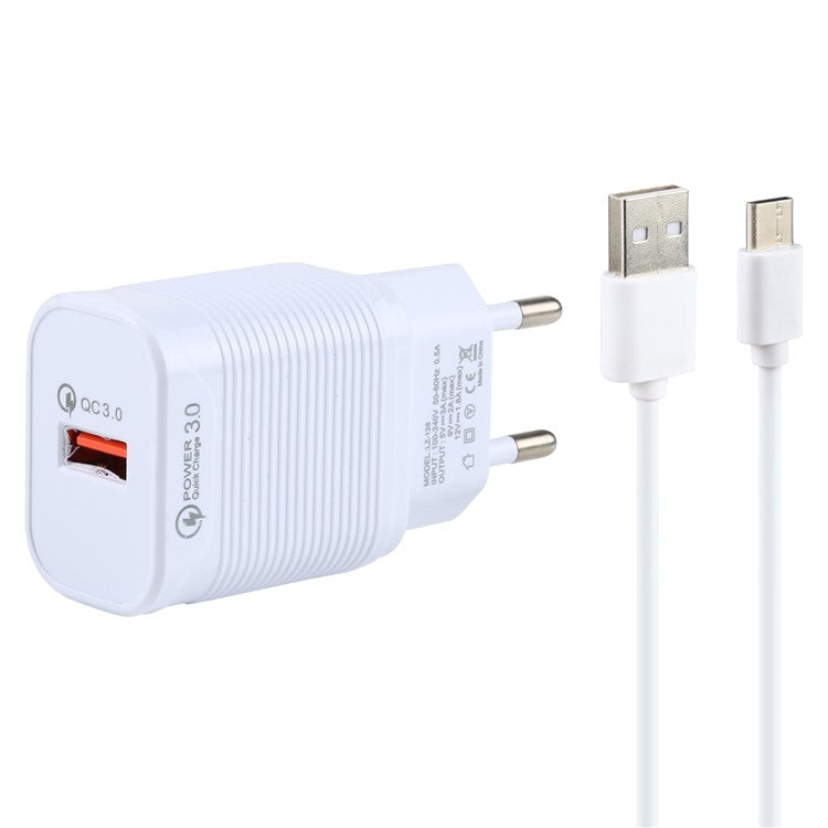 LZ-728 Quick Charger 18W [EU Plug] Travel Charger + USB to Type-C Data Cable, Length: 1m - White