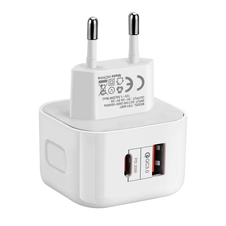 YSY-6087 PD 20W+QC 3.0 Dual Port Wall Charger Travel Power Adapter - EU Plug