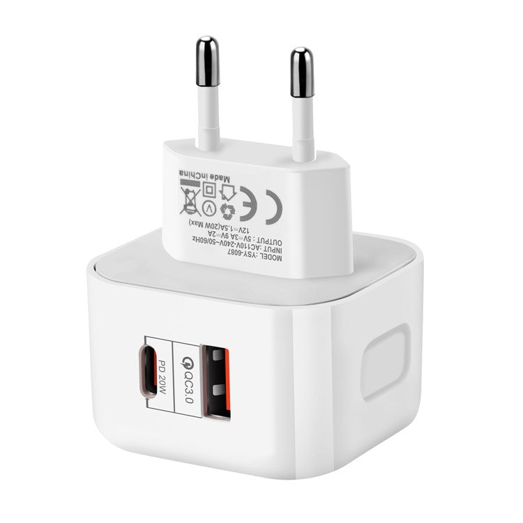 YSY-6087 PD 20W+QC 3.0 Dual Port Wall Charger Travel Power Adapter - EU Plug