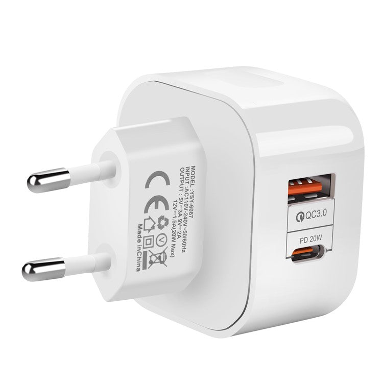 YSY-6087 PD 20W+QC 3.0 Dual Port Wall Charger Travel Power Adapter - EU Plug