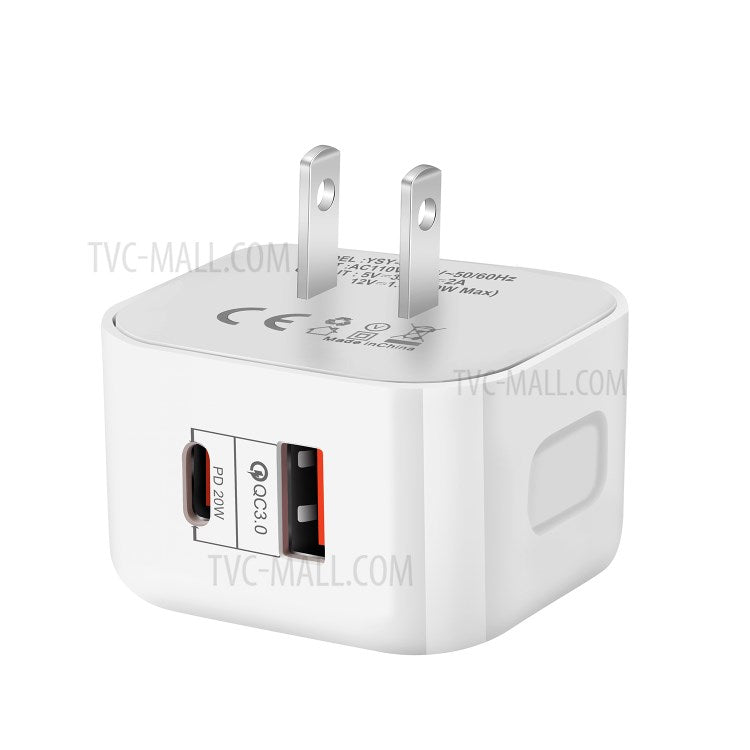 YSY-6087 PD 20W+QC 3.0 Dual Port Wall Charger Travel Power Adapter - US Plug