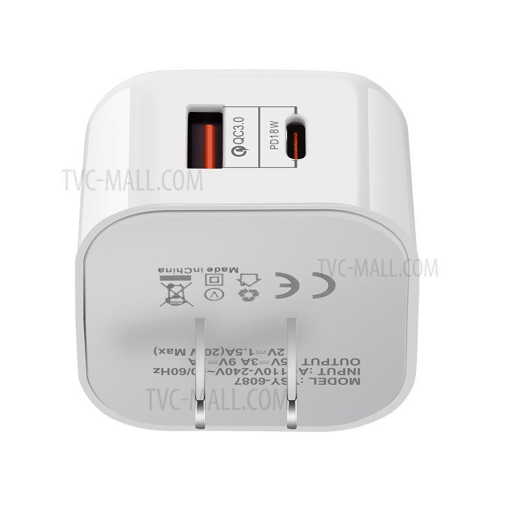 YSY-6087 PD 20W+QC 3.0 Dual Port Wall Charger Travel Power Adapter - US Plug